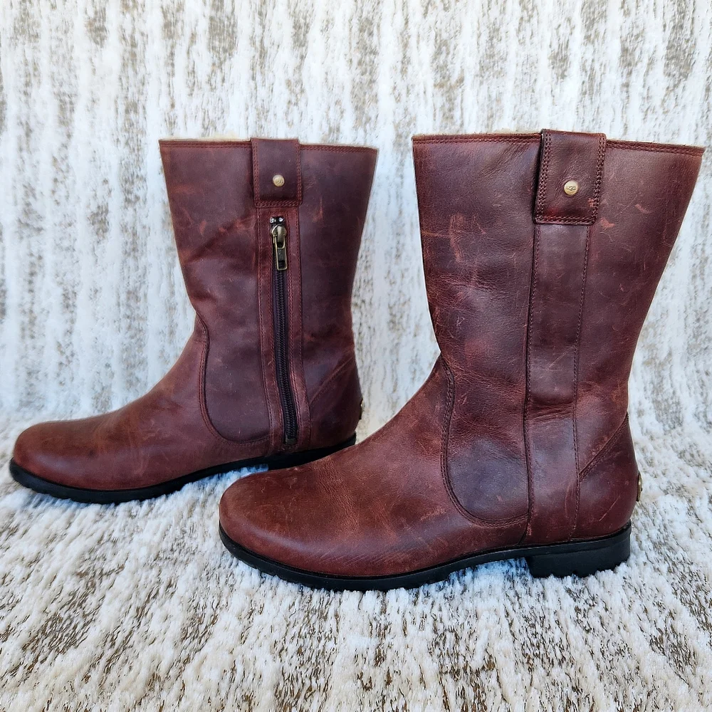 UGG Australia 'Burroughs' Waterproof Leather Boot Sherpa Brown Women's Size 6.5